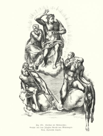 Kristus soudce, detail z Michelangelova posledního soudu, malba na oltářní stěně Sixtinské kaple, bazilika svatého Petra, Řím, Itálie (rytina) od Michelangelo (after) Buonarroti