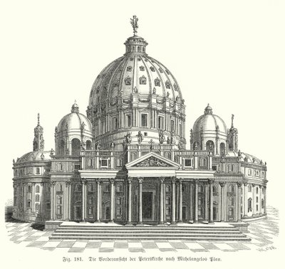 Pohled na Michelangelův návrh na fasádu baziliky svatého Petra, Řím, Itálie (rytina) od Michelangelo (after) Buonarroti
