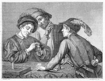 Podvodníci. Rytina z 19. století zobrazující dílo Caravaggia (il Caravaggio) kolem roku 1596. od Michelangelo (after) Caravaggio