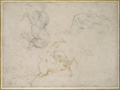 Nabíjení jezdce a další studie (pero a hnědý inkoust s černou křídou a nad ní na smetanovém papíře) od Michelangelo Buonarroti