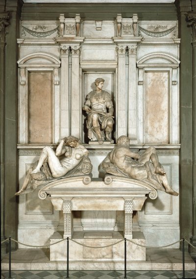 Alegorie dne a noci, mauzoleum Giuliano de Medici. Mramorová socha od Michelangelo Buonarroti