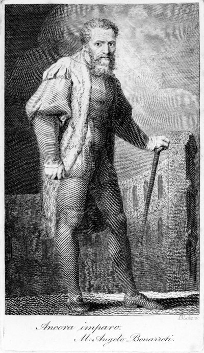 Ancora imparo, vyrytý William Blake, ilustrace z „Přednášek o malbě“ od Henryho Fuseliho, vydáno 1801 od Michelangelo Buonarroti