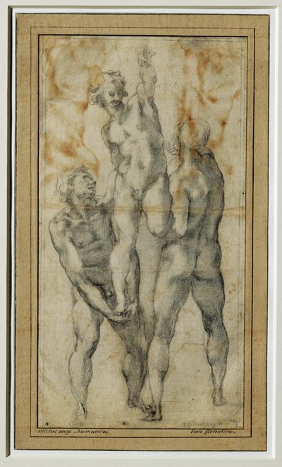Dva nazí muži zvedají třetího, asi 1502-06 ... od Michelangelo Buonarroti