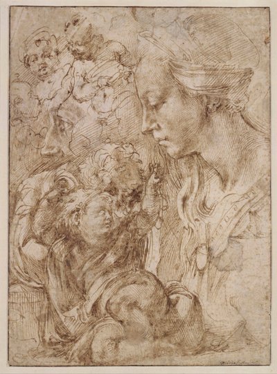 "Studie pro svatou rodinu s Janem Křtitelem jako dítětem" (Studie pro svatou rodinu s Janem Křtitelem jako dítětem) Kresba Michelangelo Buonarroti (1475-1564) - 1505 - Pero, štětec, tuš na papíře Rozměr 28, 7x20 ,9 cm Staatliche Museen, Berlín od Michelangelo Buonarroti