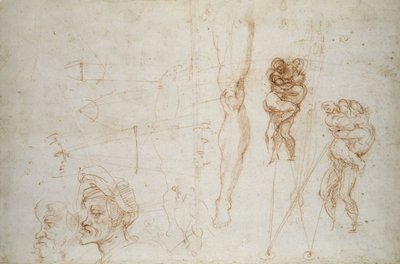 Herkules a Antaeus a další studie, c.1525-28 (křída na papíře) od Michelangelo Buonarroti