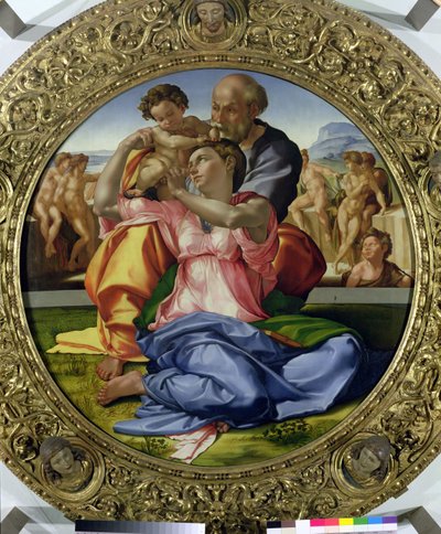 Svatá rodina se svatým Janem (Doni Tondo) 1504-05 (viz také 30103) od Michelangelo Buonarroti