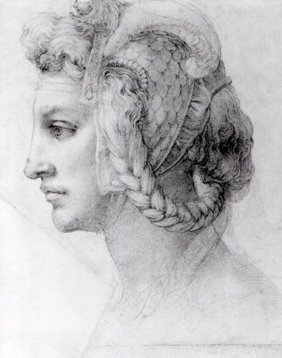 Ideální hlava ženy, asi 1525-28 (černá křída na papíře) od Michelangelo Buonarroti