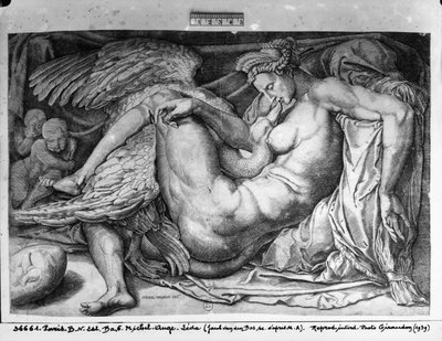 Leda, vyrytý Jacobus Bos, Boss nebo Bossius (b.c.1520) od Michelangelo Buonarroti