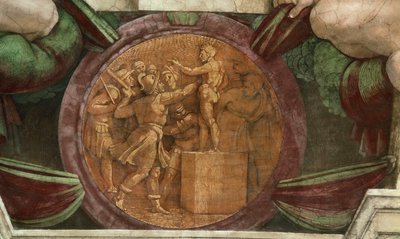 Medailon představuje zničení sochy boha Baala..., 1508-1512. od Michelangelo Buonarroti