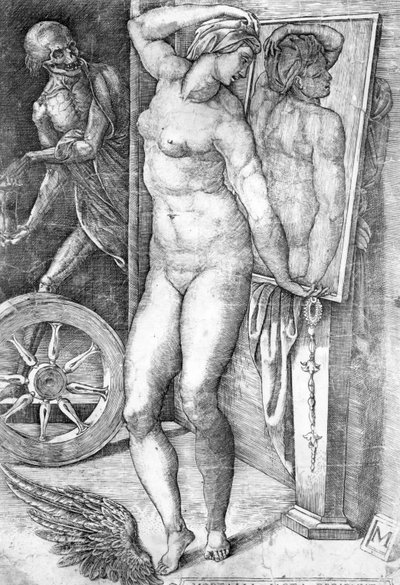 Akt se dívá na sebe v zrcadle, tisk vytvořil Monogrammist od Michelangelo Buonarroti