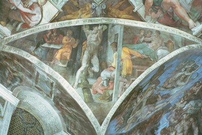 Strop Sixtinské kaple: Haman (pandrel) (před restaurováním) od Michelangelo Buonarroti
