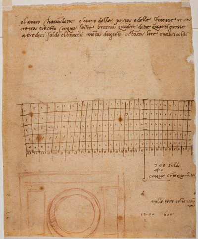 Náčrt okna, autografní poznámky a grafický výpočet od Michelangelo Buonarroti