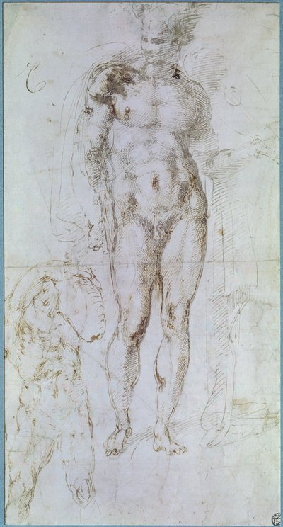 Studie pro Apollóna (dříve Merkur) stojícího nahá s pláštěm přehozeným přes ramena a postavou muže nesoucího břemeno od Michelangelo Buonarroti