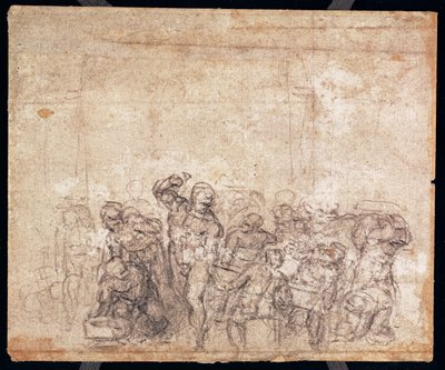 Studie postav k narativní scéně (černá křída na papíře) (verso) (recto viz 191777) (viz také 191767) od Michelangelo Buonarroti