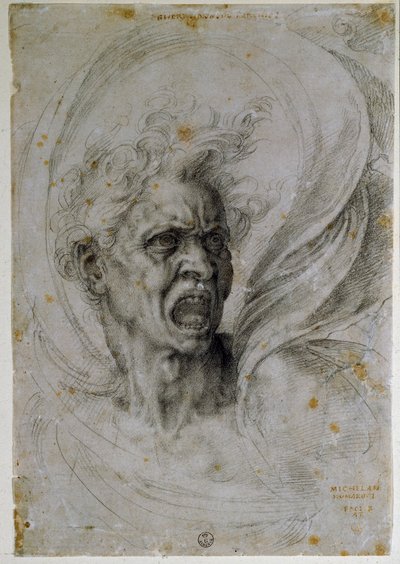 Studoval hlavu křičícího muže. Kresba Michelangela Buonarrotiho (1475-1564). Florencie, muzeum Uffizi (Florencie, návrh kabinetu a známky Uffizi). od Michelangelo Buonarroti