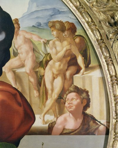 Svatá rodina se svatým Janem (Doni Tondo) ukazuje nahé postavy v pozadí od Michelangelo Buonarroti