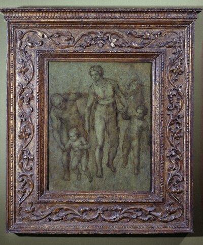 Svatá rodina se svatým Janem Křtitelem, kolem roku 1540 (štětec a hnědá barva na desce) od Michelangelo Buonarroti