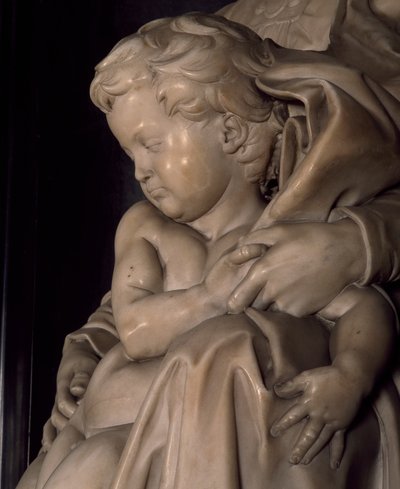 Dítě Ježíš, detail z Madony s dítětem, od Michelangela (1475-1564), kostel Notre Dame v Bruggách, Belgie od Michelangelo Buonarroti