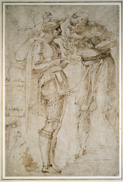 Tři muži v rozhovoru (pero a hnědý inkoust na papíře) od Michelangelo Buonarroti