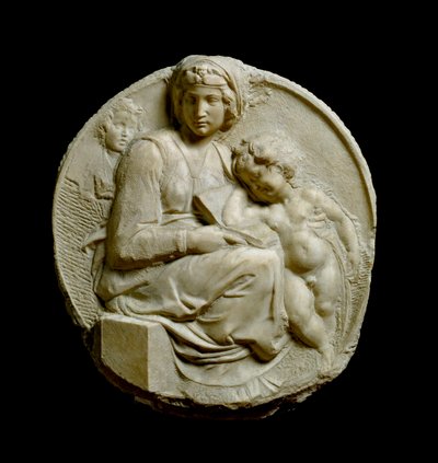 Panna a dítě s dítětem svatého Jana Křtitele Madonna Pitti nebo Tondo Pitti. Embosované mramorové punčochy od Michelangela Buonarrotiho od Michelangelo Buonarroti