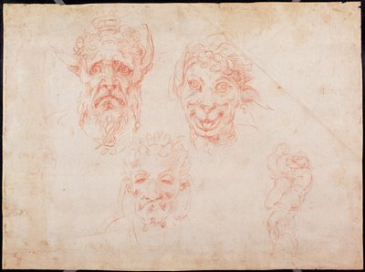 W.33 Náčrty tváří satyrů (červená křída na papíře) od Michelangelo Buonarroti