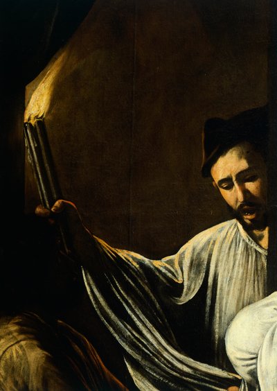 Muž držící pochodeň a pohřbívající mrtvého, detail z Panny Marie Milosrdné aneb Sedm skutků milosrdenství, cca 1606-07 (olej na plátně) od Michelangelo Merisi da Caravaggio