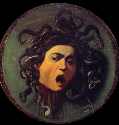 Vedoucí Meduse. Malba na rubu štítu potaženého plátnem. Symbol vítězství rozumu nad smysly odkazující na mýtus o Persee a Meduse (Gorgona). Obraz Michelangela Merisiho zvaný Caravaggio nebo il Caravaggio (1571-1610 od Michelangelo Merisi da Caravaggio
