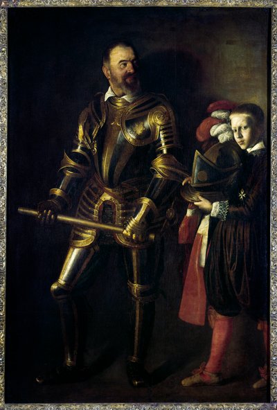 Portrét v nohách Alofa de Wignacourt (1547-1622), velmistra Maltézského řádu z let 1601-1622, a jeho stránka Obraz Michelangelo Merisi dit Le Caravaggio ou il Caravaggio (1571-1610) 1608 Sun. 1,94x1,34 m od Michelangelo Merisi da Caravaggio