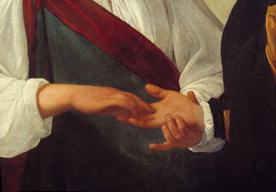 Detail věštce představující ruku klienta nataženou v ruce ženy, která čte linie jeho dlaně. Obraz Michelangela Merisi da Caravaggio dit Le Caravaggio (asi 1571-1610) Sun. 0,99 x 1,31 m od Michelangelo Merisi da Caravaggio