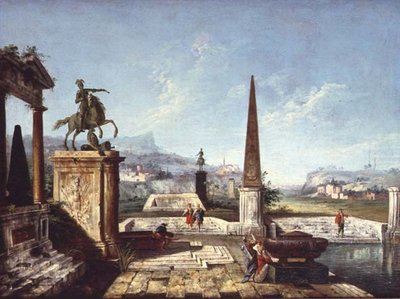 Capriccio klasických památek, obelisk s vojáky u bazénu a hory za ním (olej na plátně) od Michele Marieschi