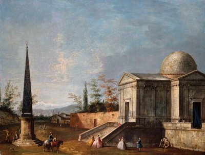 Elegantní postavy před klenutým klasickým kostelem, obelisk nalevo od Michele Marieschi
