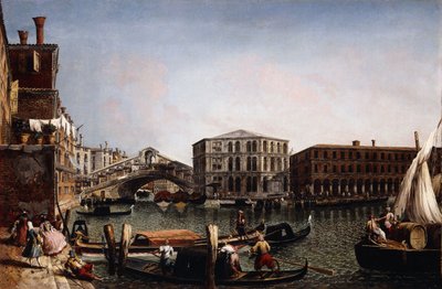 Most Rialto, Benátky s Fondaco dei Tedeschi v popředí, od Michele Marieschi
