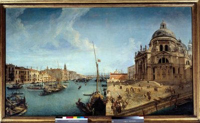 Pohled na vchod do Canal Grande a na kostel Salute v Benátkách Obraz Michele Marieschi (1710-1741) Slunce z 18. století. 1,25x2,13m od Michele Marieschi