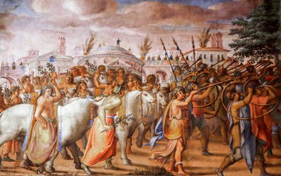 Triumf konzula Lucius Aemilius Paulus nad Perseem krále Makedonie (detail), asi 1570 (freska) od Michele and Rocchetti Jacopo Alberti
