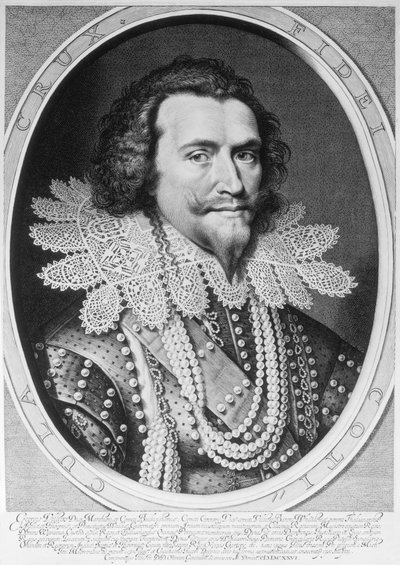 Portrét George Villierse, 1. vévody z Buckinghamu (1592-1628), vyrytý Willemem Jacobszem. Delff (1580-1638) 1626 (rytina) (černobílá fotografie) od Michiel Jansz van Miereveld