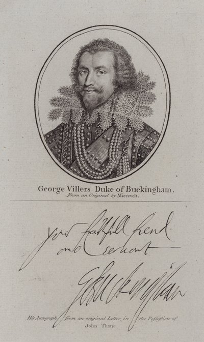 George Villiers vévoda z Buckinghamu, anglický dvořan, politik a oblíbenec krále Jakuba I. (rytina) od Michiel Janszoon van (after) Miereveldt