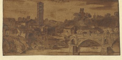 Pohled na S. Maria v Cosmedin, chrám Vesta a Ponte S. Maria v Římě od Michiel van Overbeek