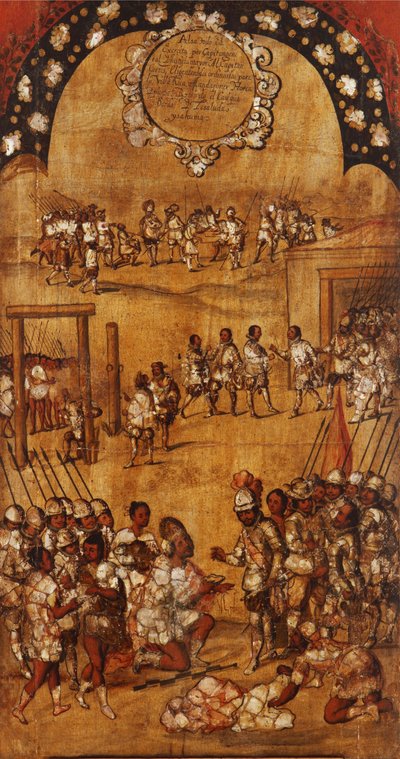 Dobytí Mexika, Panel III, cca 1696-1715 (malba na dřevo) od Miguel Gonzalez
