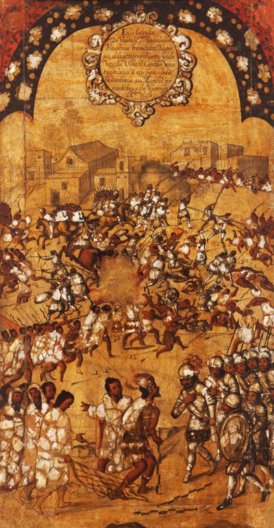 Dobytí Mexika, Panel V, cca 1696-1715 (malba na dřevo) od Miguel Gonzalez