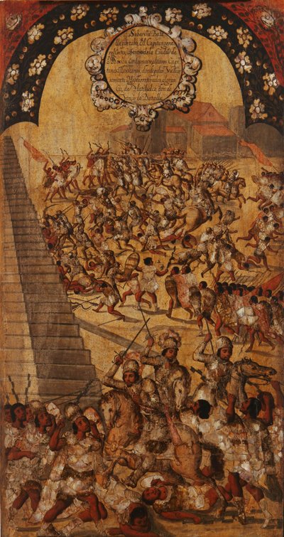 Dobytí Mexika, Panel XVI, cca 1696-1715 (malba na dřevo) od Miguel Gonzalez