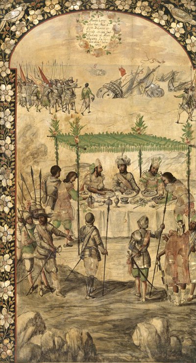 Nařizuje zničení lodí a setkává se s velvyslanci Montezumy (Moctezuma, Moteuczoma, Motecuhzoma) (1466-1520) v roce 1520 - Dobytí Mexika Hernanem Cortesem par Gonzalezem, Miguelem a Juanem (aktivní konec 17. stol.). Olej na dřevě, rozměr: od Miguel and Juan Gonzalez