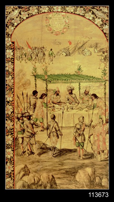 Dobytí Mexika: Hernando Cortes (1485-1547) nařizuje zničení lodí a setkává se s velvyslanci Montezumy (1466-1520) v roce 1520 od Miguel and Juan Gonzalez
