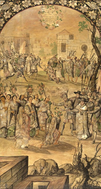 Dobytí Mexika Hernanem Cortesem par Gonzalezem, Miguelem a Juanem (aktivní konec 17. stol.). Olej na dřevě, rozměr: 97x53 od Miguel and Juan Gonzalez