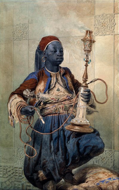 ""Portrait de nubien a la pipe a eau"" (Nubian with a Water Pipe) Akvarel od Mihaly Zichy (1827-1906) 1862 Rozměr 49,5x31 cm Soukromá sbírka od Mihaly von Zichy