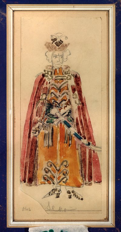 Přípravný kostým pro operu "Mazepa"" od Piotra Čajkovského (1840-1893) (Návrh kostýmů pro operu Mazepa od P. Čajkovského) - Dílo Michaila Alexandroviče Vrubela (Vrubel) (1856-1910), tužka a kvaš na papíře, Ruské scénografické umění - St od Mikhail Aleksandrovich Vrubel