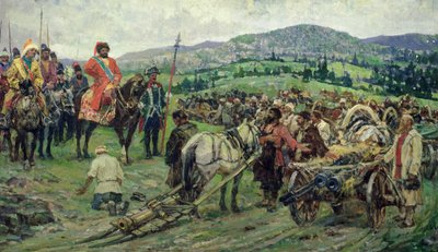 Pomoc vůdci rolnického povstání Jemeljanu Pugačevovi na Urale (olej na plátně) od Mikhail Ivanovich Avilov