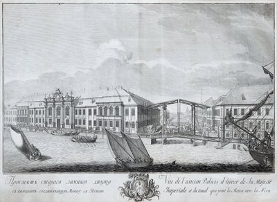 Pohled na druhý zimní palác s kanálem spojujícím Moiku s Něvou, 1753 od Mikhail Ivanovich Makhaev