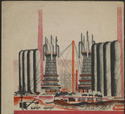 Illustration du livre pour enfants ""Combinat metallurgique Kuznets: un geant socialiste"" - Ilustrace pro dětskou knihu ""Kuznets Metallurgical Combine: Socialist Giant"", od Gureviče, Michaila Lvoviče (1904-1943). Barevná litografie od Mikhail Lvovich Gurevich
