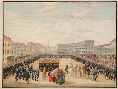 Požehnání praporu Preobraženského pluku v prosinci 1796. (Svěcení praporu Preobraženského pluku v prosinci 1796). Nejprestižnější pluk ruské císařské gardy, vytvořený Petrem I. Velikým (1672-1725) v r. od Mikhail Matveevich Ivanov