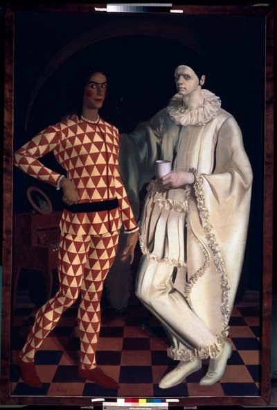 Harlekýn a Pierrot (Autoportréty, v kostýmech z Comedia dell Arte) - Harlekýn a Pierrot (Autoportréty) - Malba Alexandra Jevgenjeviče Jakovleva (Alexandre Iacovleff) (1887-1938), olej na plátně od Mikhail Nikolayevich Yakovlev